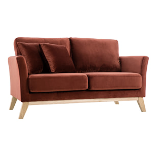 Canapé scandinave déhoussable 2 places en tissu velours rouge tomette et bois clair OSLO