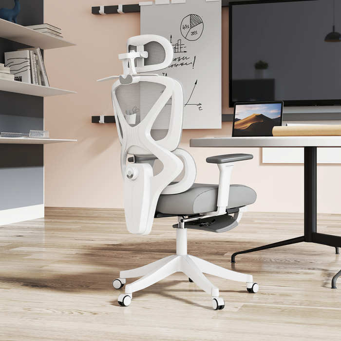 Silla de Escritorio de Malla Silla de Oficina Reclinable con Reposacabezas Giratoria Soporte Lumbar Reposapiés Reposabrazos 3D y Altura Regulable Función Basculante Carga 135 kg Gris