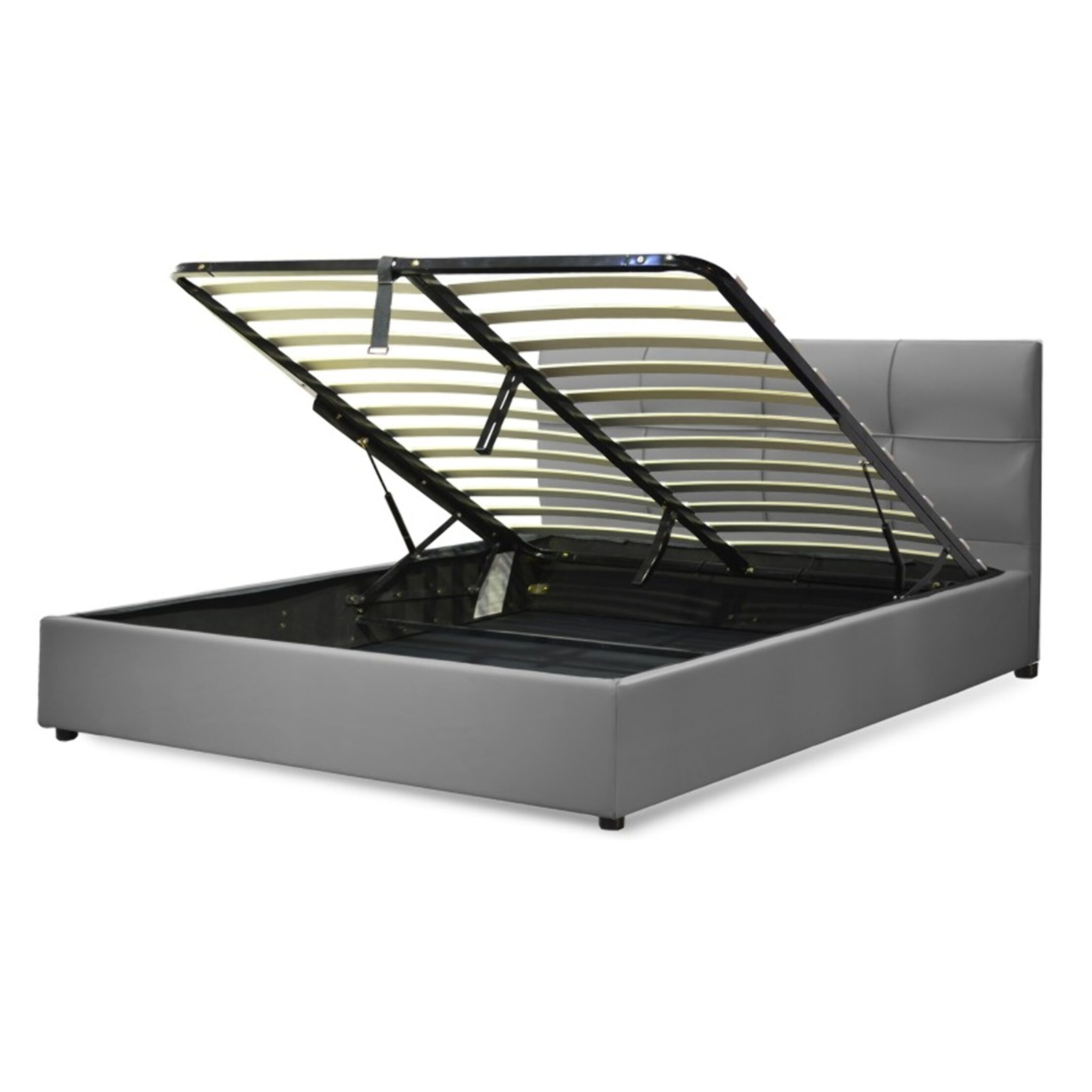 Lit coffre Macao avec tête de lit | Espace de Stockage jusqu'à 900 L | Robuste et Large Angle d’Ouverture | Simili Cuir | Gris