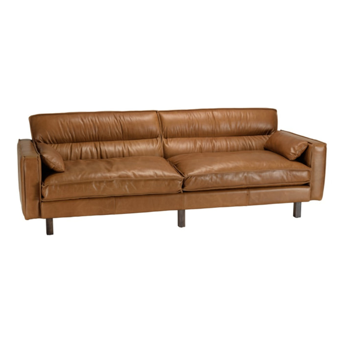 GASTON - Canapé 3 places vintage en cuir marron camel, pieds en bois