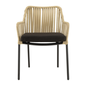 MALO - SALON DE JARDIN 2 PERS. - Table ronde 70x70cm et 2 fauteuils beiges et noirs en cordage