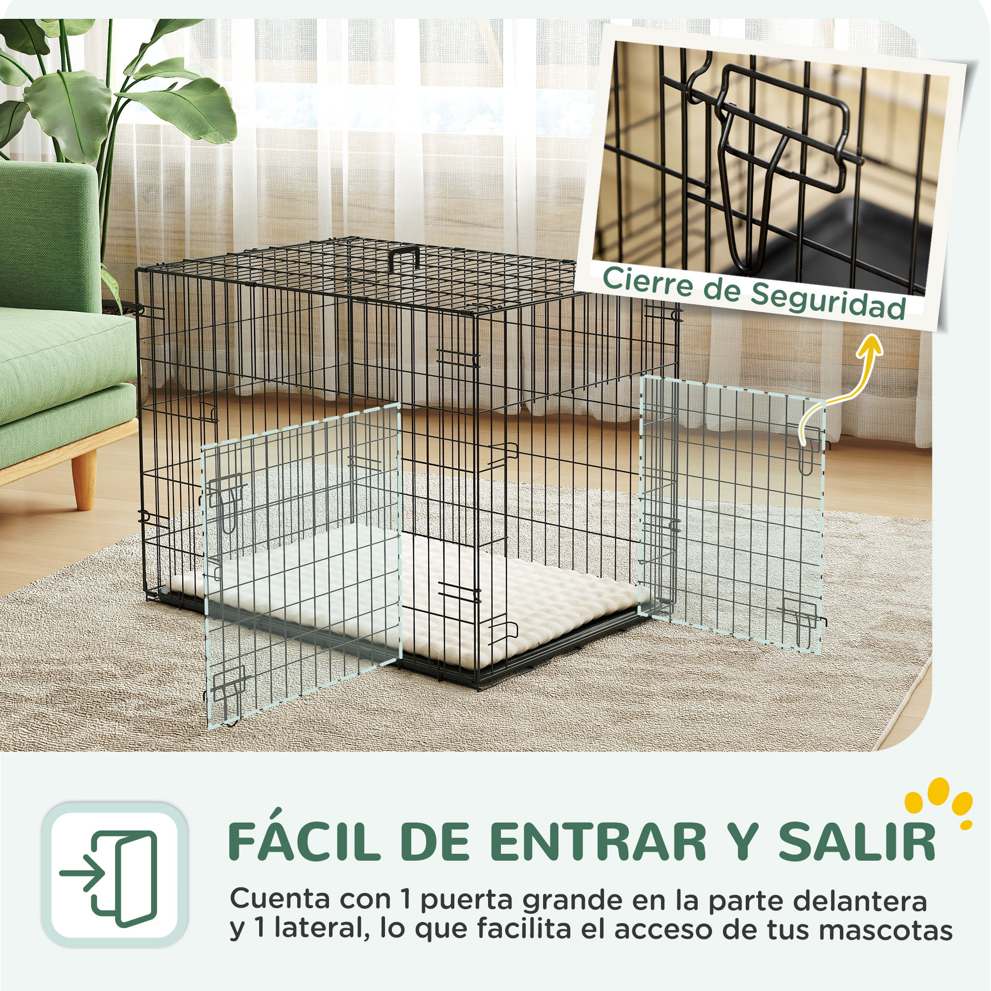 Jaula para Perros Plegable, Jaula para Perros Pequeños con Cojín, 2 Puertas, Bandeja Extraíble y Marco de Alambre Metálico, 75x48,5x53 cm, Negro y Beige