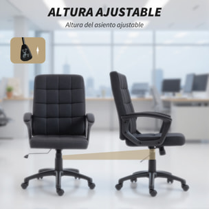 Silla de Oficina, Silla de Escritorio Giratoria, Tapizada en Lino Sintético, Altura Ajustable, Basculante, Respaldo Medio, con Reposabrazos, Ruedas, Negro