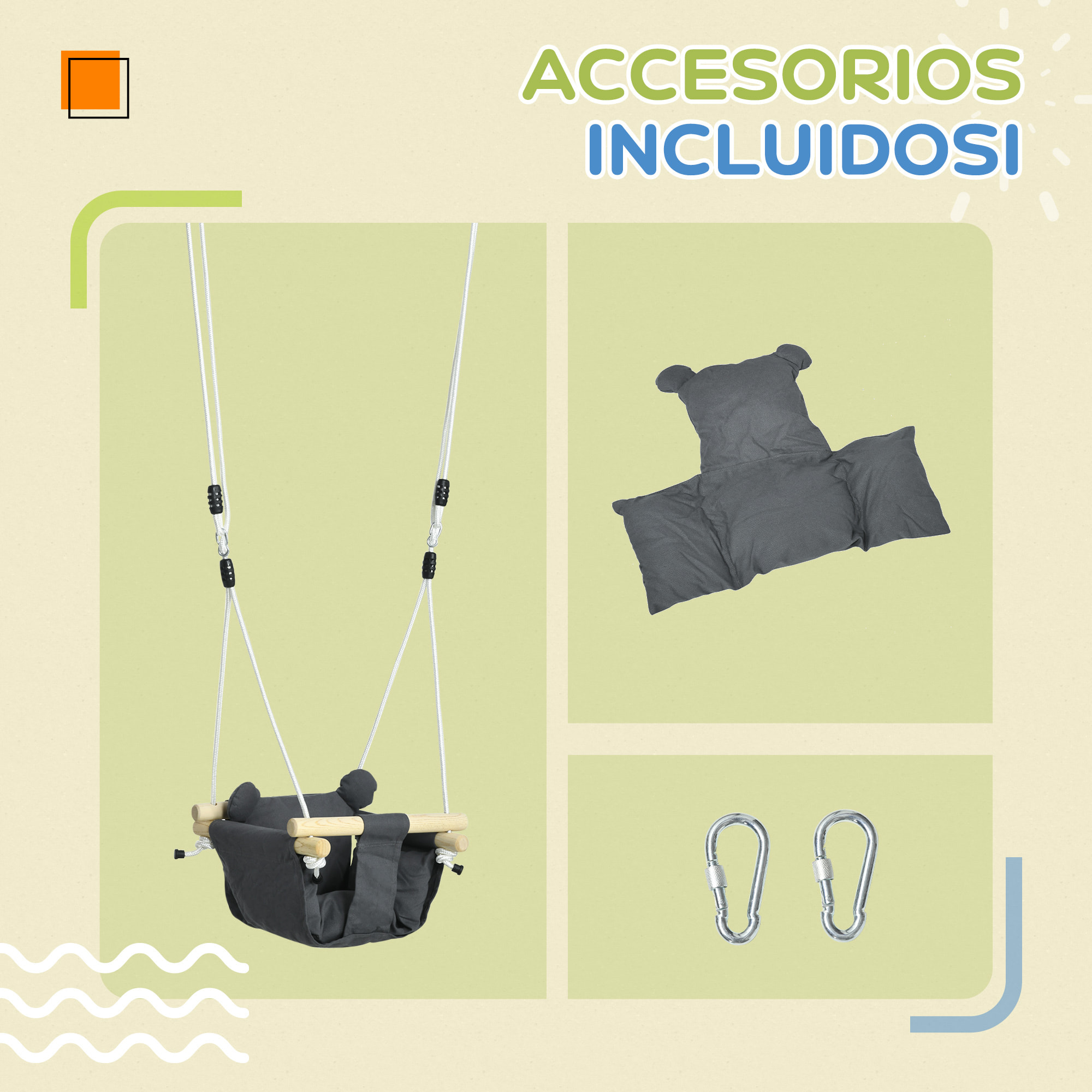 Columpio para Bebés de 9-36 Meses con Cuerdas Ajustables Columpio Infantil con Cinturón de Seguridad y Asiento Acolchado Carga 70 kg para Interiores y Exteriores 40x40x110-180 cm Gris Oscuro