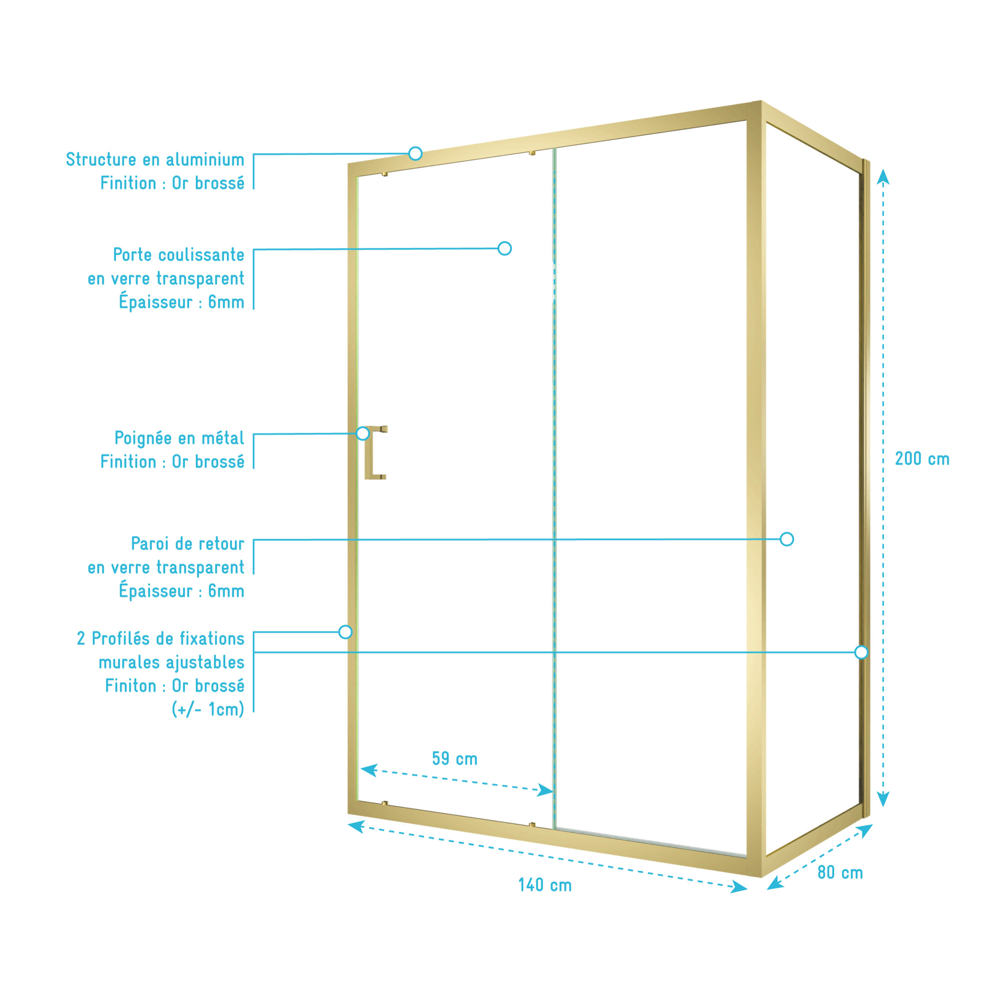 Pack Porte de Douche Coulissante 140x200cm et Retour 80cm - Profilés Or Doré Brossé - Verre 6mm