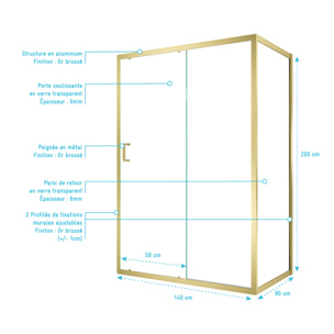 Pack Porte de Douche Coulissante 140x200cm et Retour 80cm - Profilés Or Doré Brossé - Verre 6mm