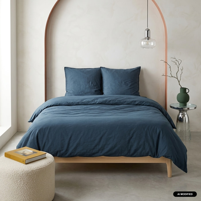 Parure de lit microfibre lavée 2 places bleu LUNA