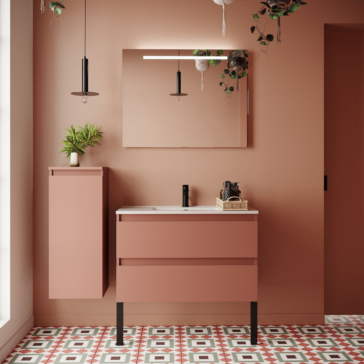 Ensemble vasque intégrée 2 tiroirs + miroir - HUDSON