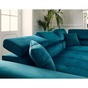 Dimas - canapé d'angle droit 5 places - convertible avec coffre et têtières réglables - en velours - Bleu