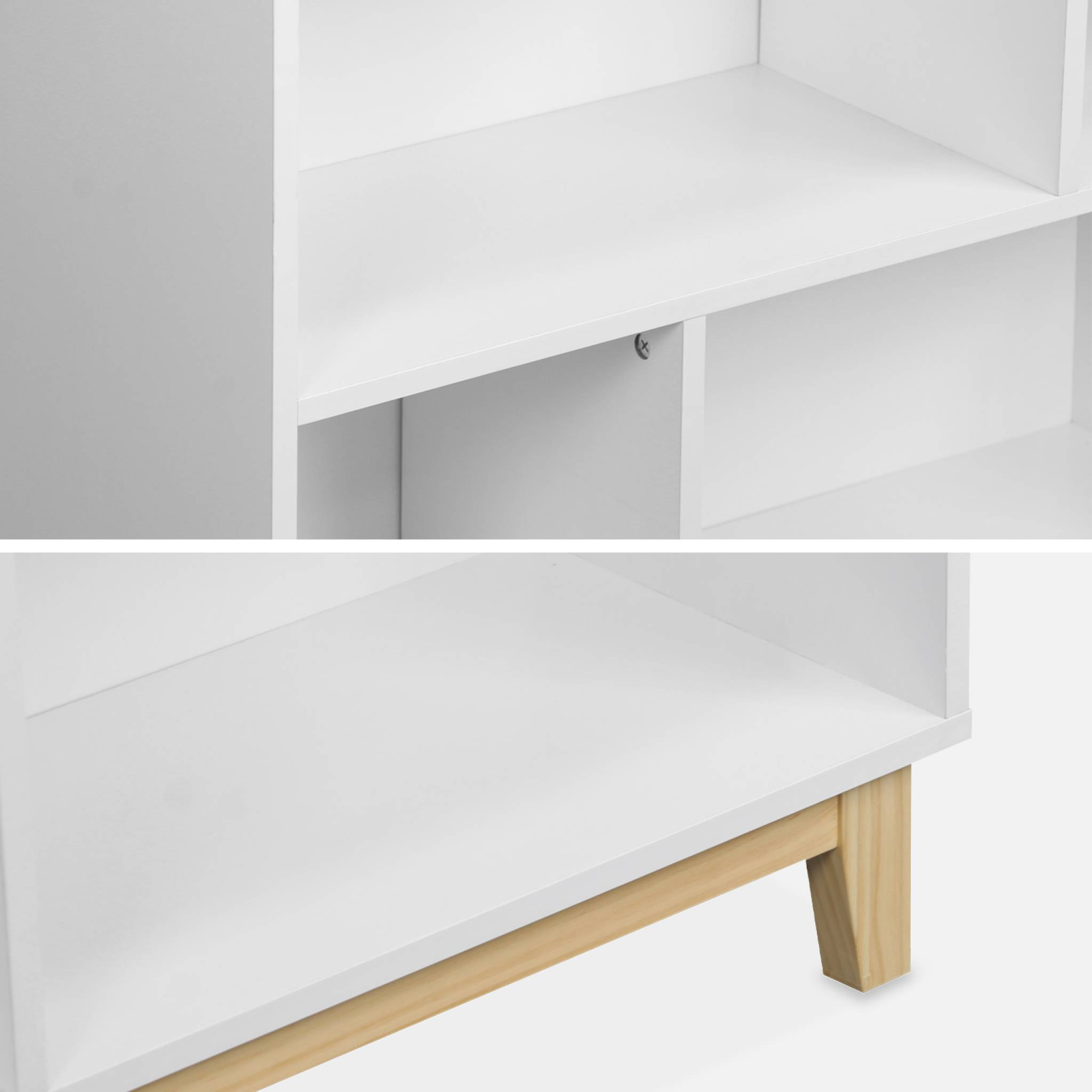 Bibliothèque scandinave blanche. étagère asymétrique - Floki - pieds en bois de sapin. 4 étagères. 8 compartiments. 80x30x138cm