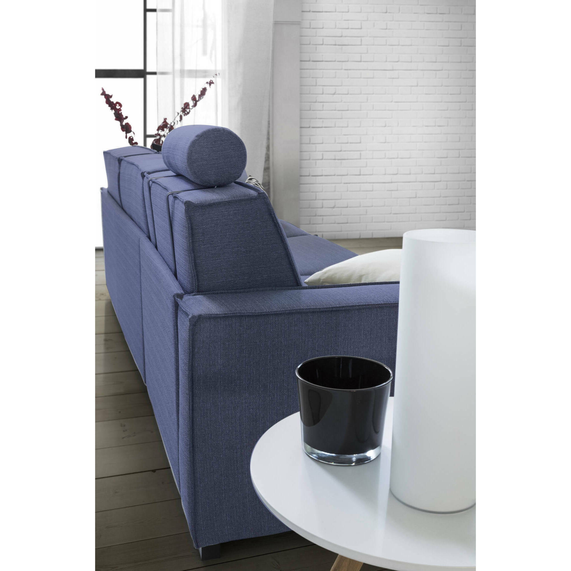 Divano letto 2 posti Amapola, Sofà Soggiorno con apertura girevole, Tessuto imbottito, Braccioli standard, 100% Made in Italy, Cm 200x95h90, Blu