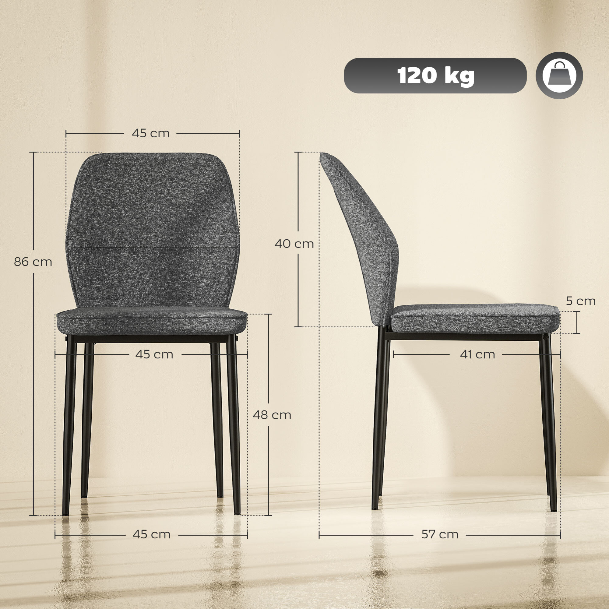 Juego de 2 Sillas de Comedor Modernas Sillas de Cocina con Asiento Acolchado y Tapizado Respaldo Curvo Patas de Acero para Salón Dormitorio Gris