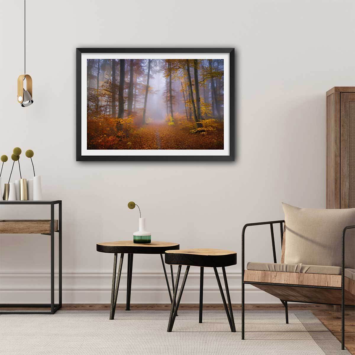 Affiche Chemin d'automne Affiche + cadre en bois - Noir