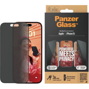 Protège écran PANZERGLASS iPhone 15 Privacy + applicateur