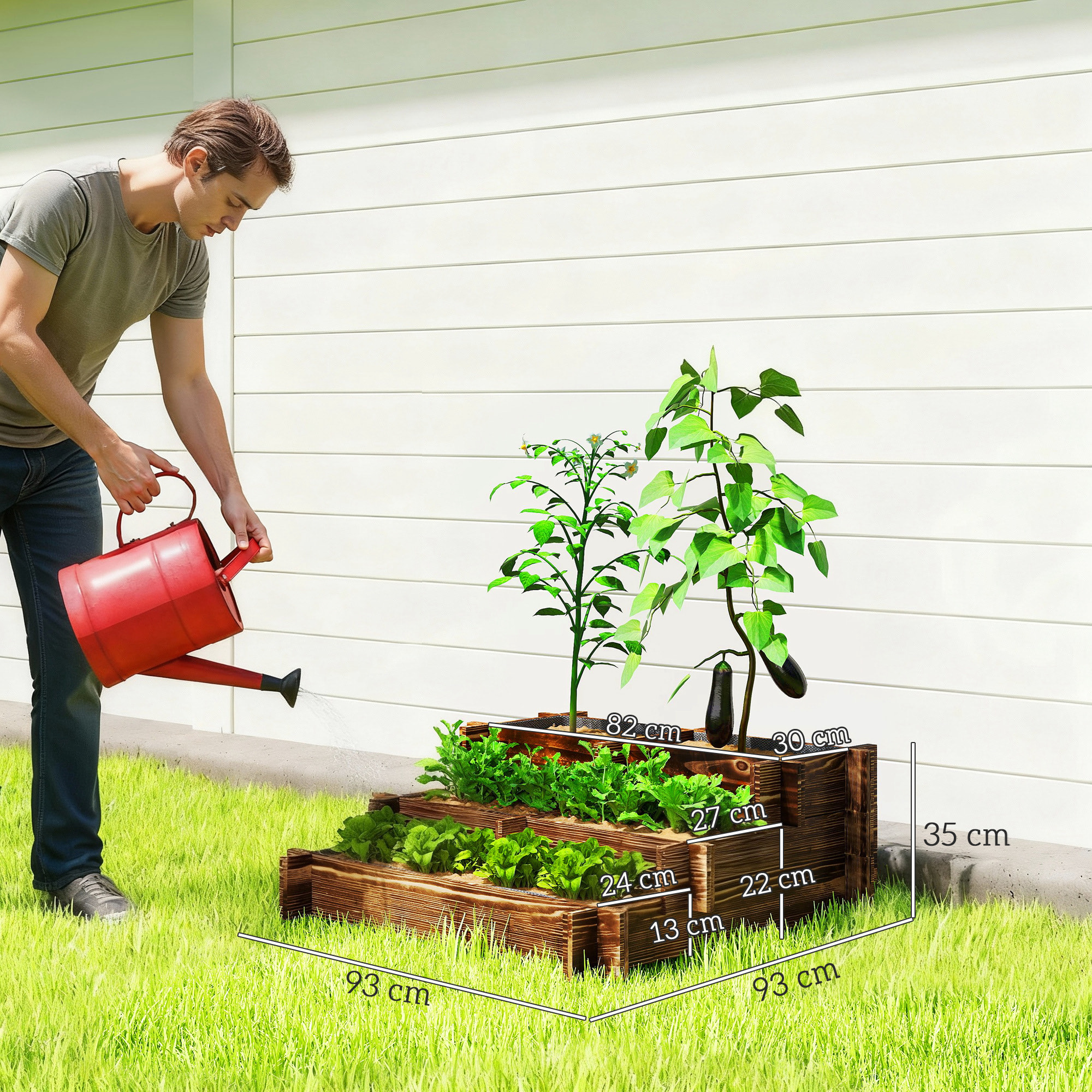 Jardinera de Madera Arriate de Jardín de 3 Niveles con Diseño de Escalera y Tela no Tejida Huerto Urbano para Cultivos Plantas Flores para Terraza Jardín 93x93x35 cm Carbonizado