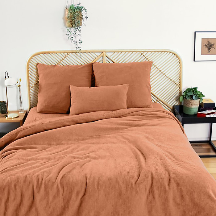 Parure housse de couette unie 100% gaze de coton - ozen - marron caramel