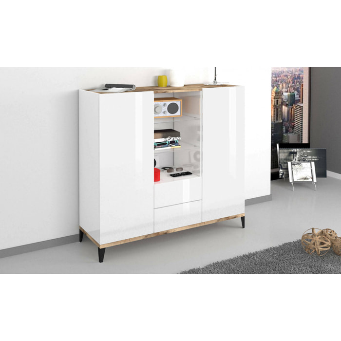 Credenza moderna a 2 ante e 2 cassetti, Made in Italy, Madia con ripiani, Buffet di design da ingresso, Cm 120x40h133, Bianco lucido e Acero