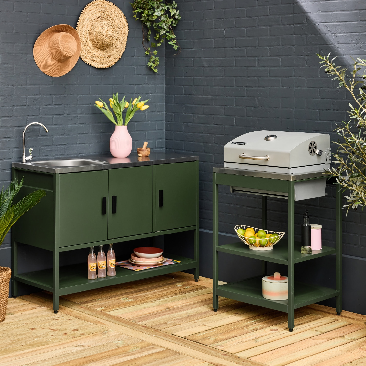 Cuisine d'extérieure 2 modules avec barbecue charbon de bois sur pieds, 2 étagères et thermomètre NAXOS BARBECUE CHARBON + 1 MODULE
