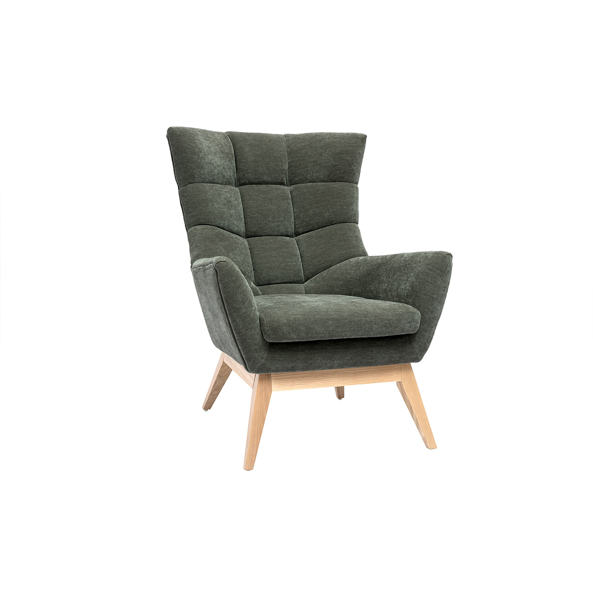 Fauteuil scandinave en tissu effet velours vert kaki et bois clair BRODY