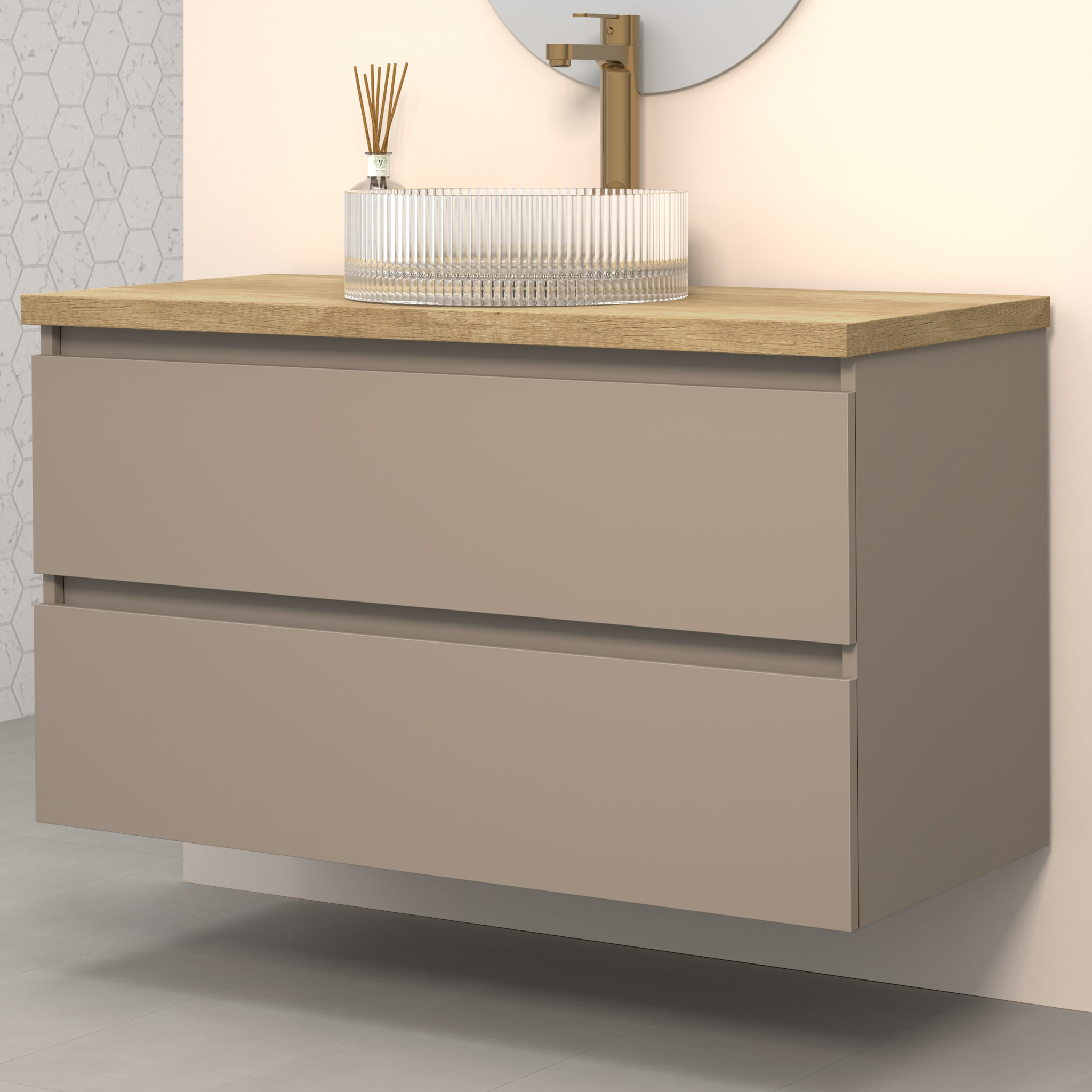 Conjunto de Baño Kub | 100 cm Visón | Dos Cajones | Lavabo de Cristal | No incluye Espejo | Mueble Montado | Alday