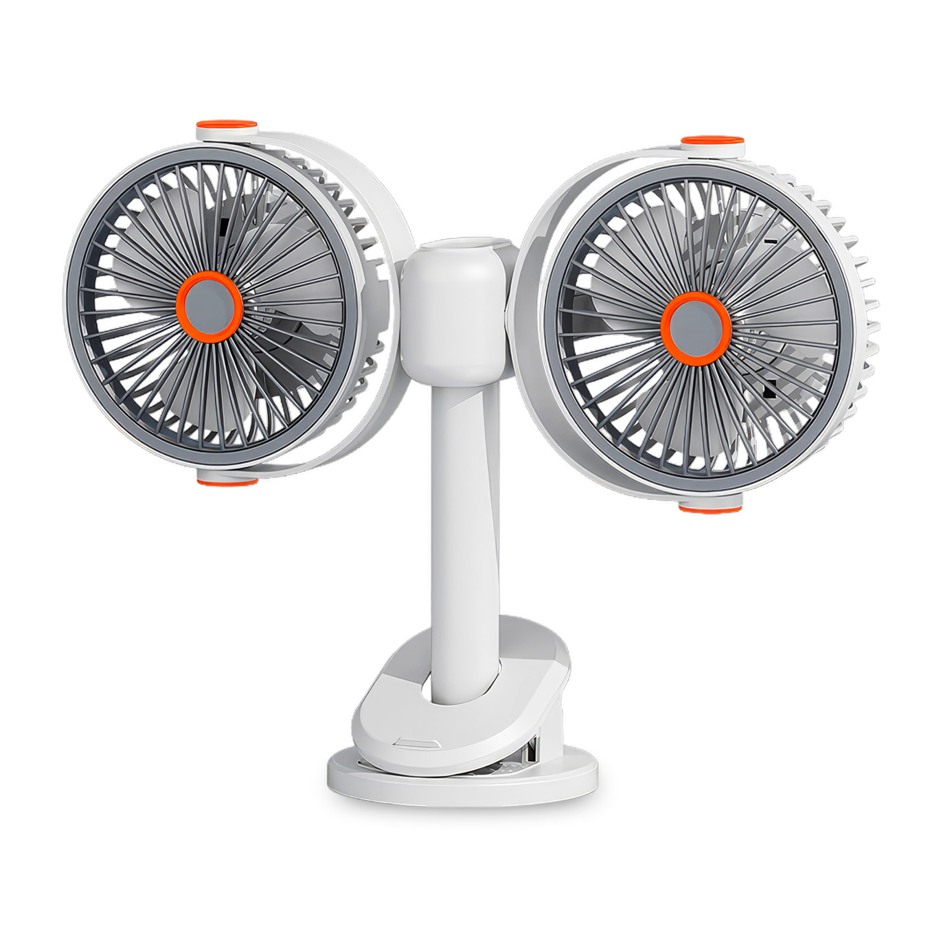 Ventilador modular F16. Con 2 ventiladores independientes, 5 velocidades por unidad y giro 360° vertical y horizontal. 3 niveles de iluminación y diseño versátil de sobremesa, pared, techo o uso portá