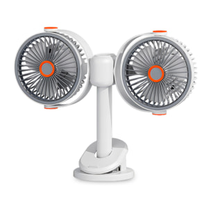 Ventilador modular F16. Con 2 ventiladores independientes, 5 velocidades por unidad y giro 360° vertical y horizontal. 3 niveles de iluminación y diseño versátil de sobremesa, pared, techo o uso portá
