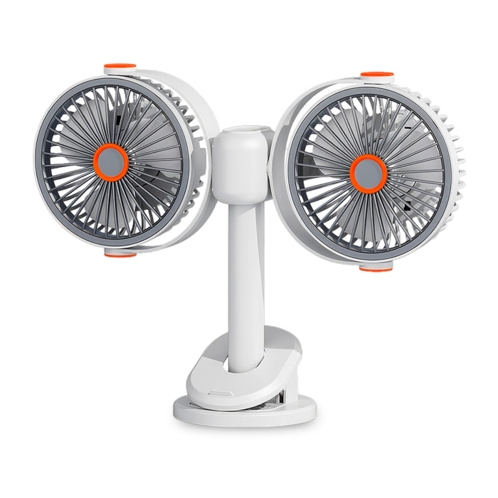 Ventilador modular F16. Con 2 ventiladores independientes, 5 velocidades por unidad y giro 360° vertical y horizontal. 3 niveles de iluminación y diseño versátil de sobremesa, pared, techo o uso portá