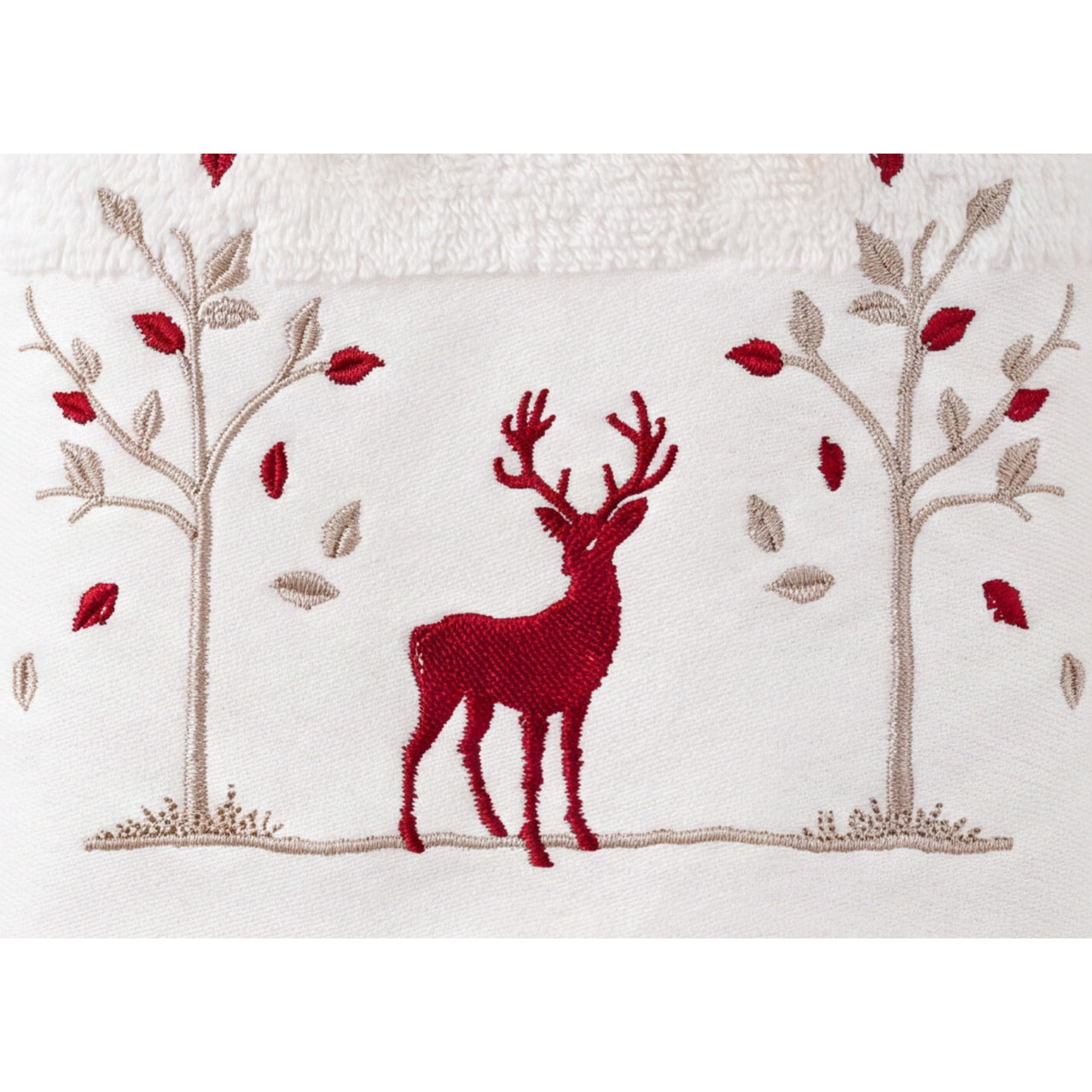Set Asciugamano Ospite in Spugna 100% Cotone Fantasia Tirolese Natalizia Disegno Renna Bosco Bianco