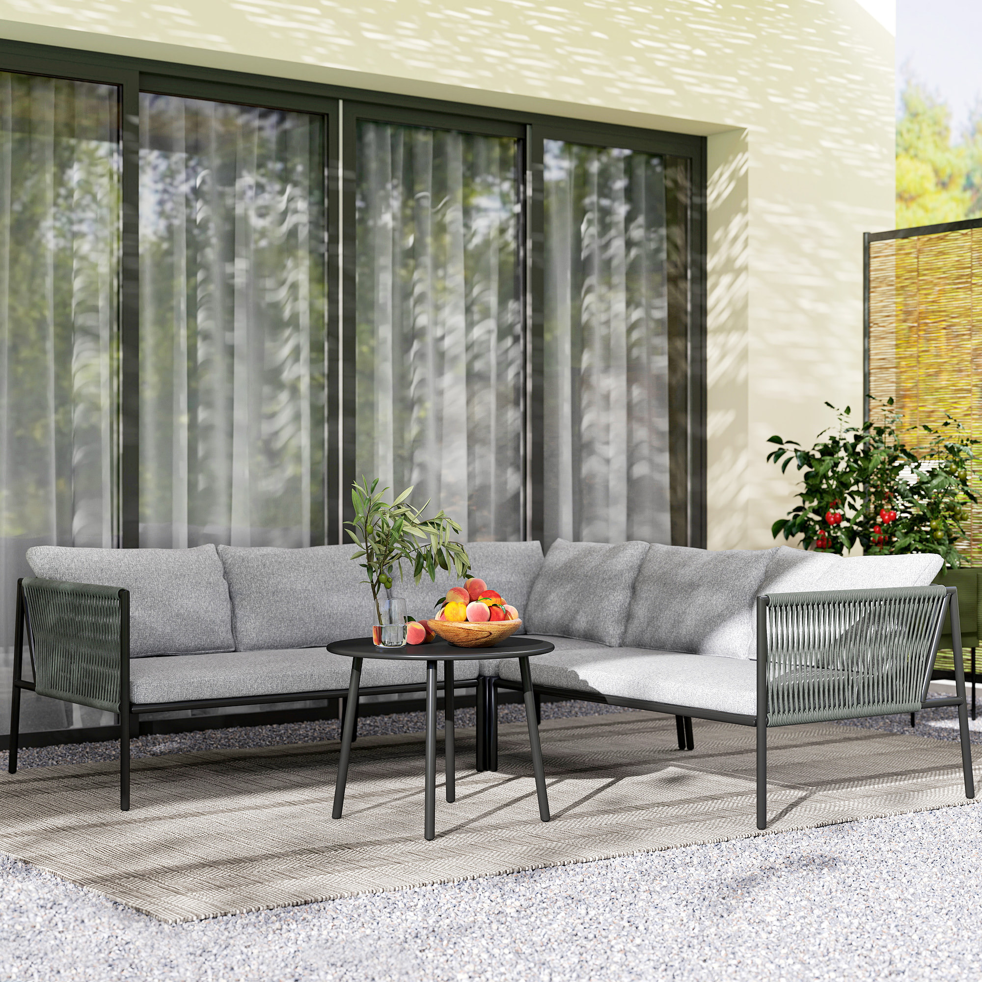 Salon de jardin d'angle 5 places en résine tressée avec table basse et coussins gris