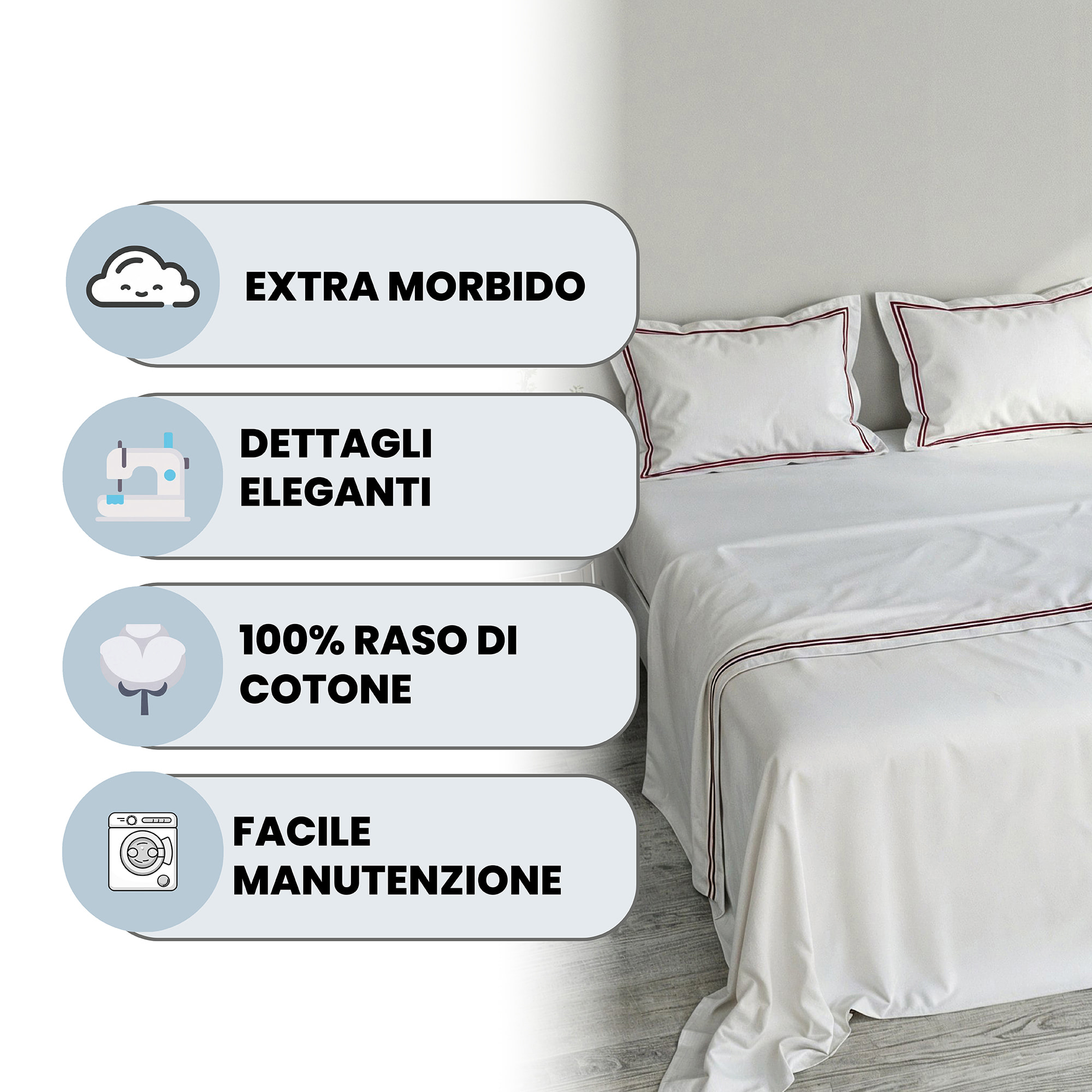 COMPLETO LETTO RASO VENERE, 100% Raso di Cotone, Made in Italy - BORDEAUX