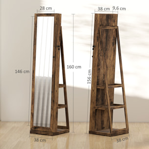 Espejo Joyero de Pie, Armario para Joyas Giratorio 360°, Armario Joyero con Cerradura, Llaves, Estantes Posteriores y Espejo Pequeño Incorporado, para Dormitorio y Vestidor, Marrón Rústico