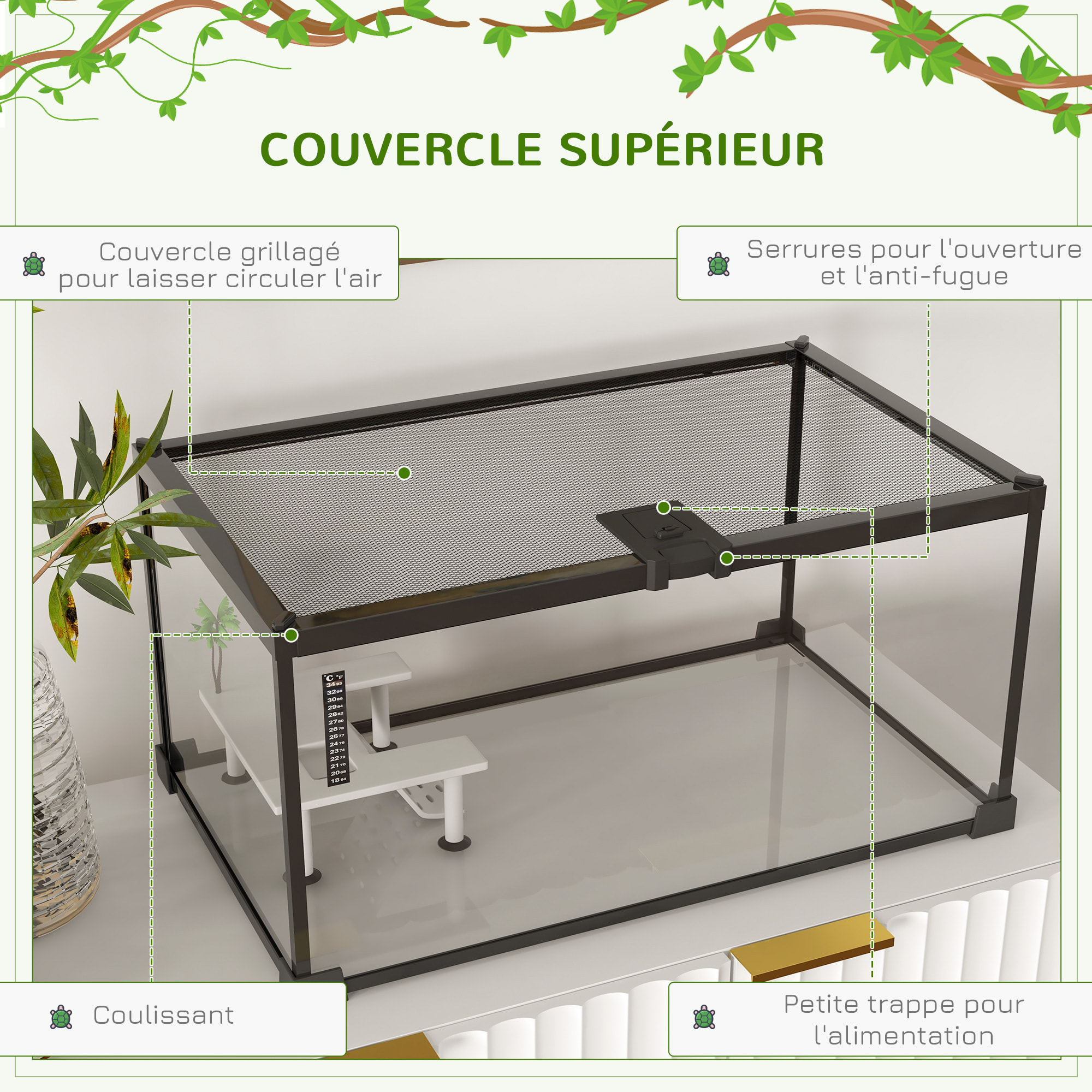 Terrarium en verre - vivarium reptiles & batraciens - habitat tortue - couvercle grillagé coulissant verrouillable - accessoires, thermomètre inclus - métal noir verre