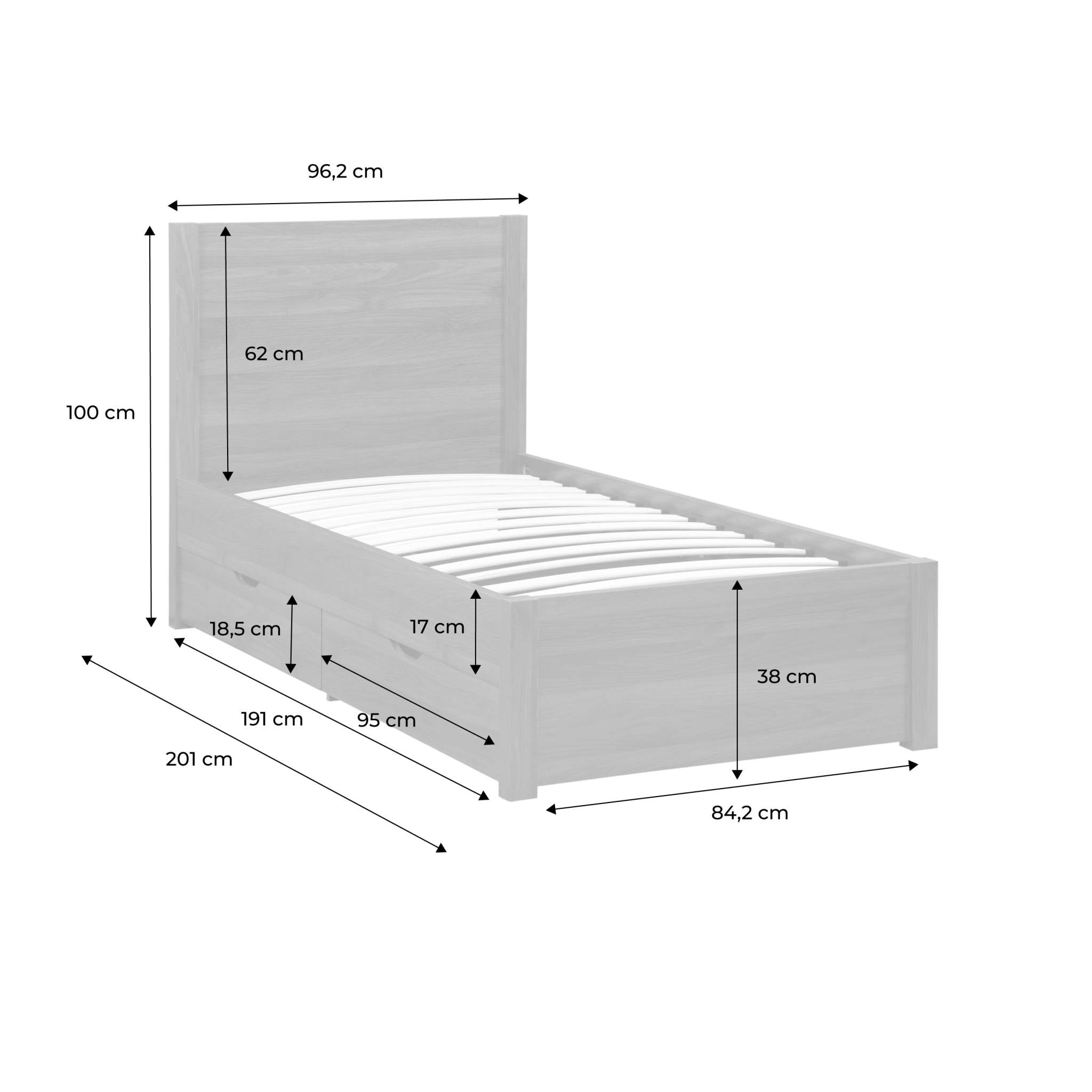 Lit avec sommier à lattes et tête de lit 90 x 190cm + 4 tiroirs décor bois NEPAL
