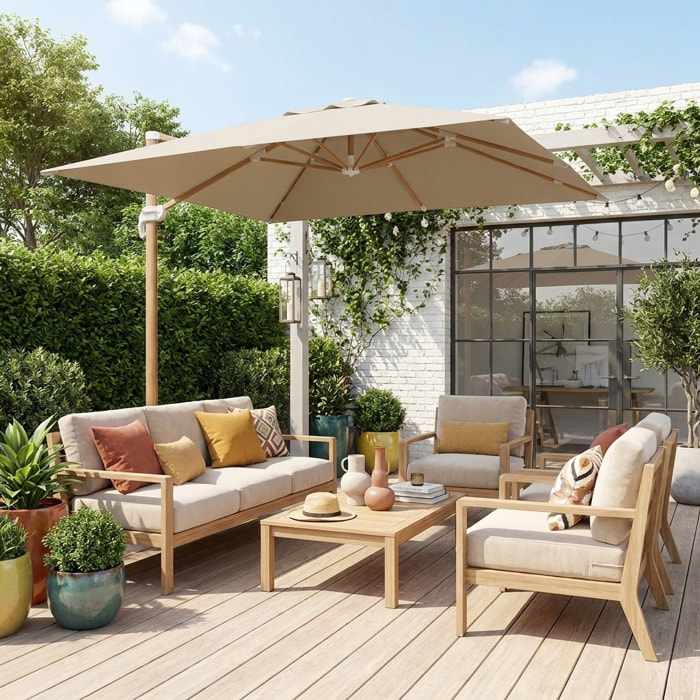 Parasol déporté carré 3x3m, mât effet bois FALGOS