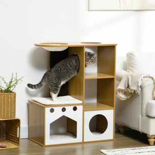 Árbol Rascador para Gatos de Madera 92,5 cm Torre para Gatos para Gatitos de Interior con 2 Cuevas Rascador Hamaca y Cojines de Felpa 76x37x92,5 cm Roble