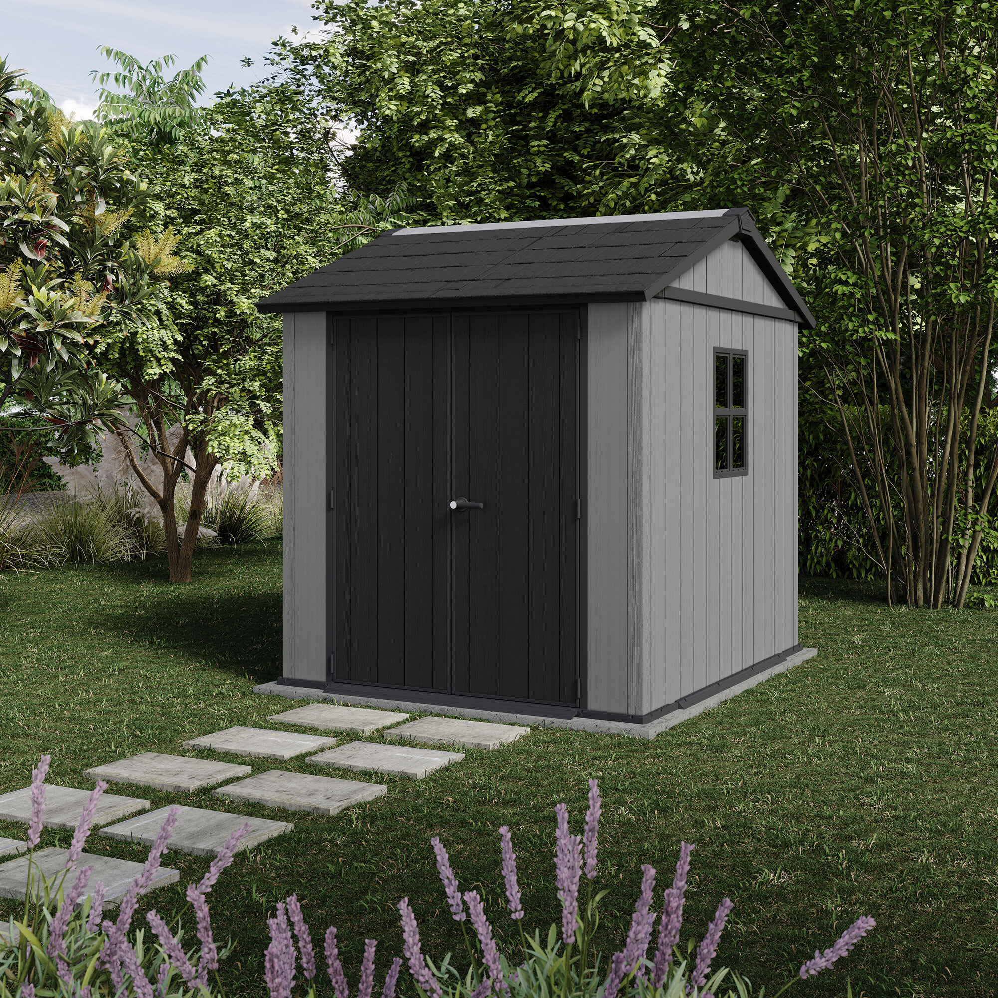 Newton + 757/775 - Casetta da Giardino 223x246x230 cm 2 Ante per deposito attrezzi finitura effetto legno Evotech+ in Resina Grigio e Nero