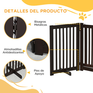 Barrera para Perros de Madera Valla para Mascotas Plegable de 3 Paneles con 1 Puerta y Patas de Apoyo para Pasillo Escalera 155x35,5x76 cm Café