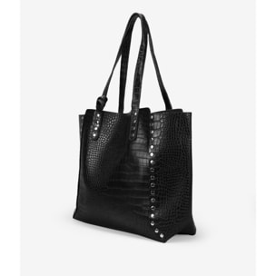 Bolso shopper negro con grabado animal print y tachas