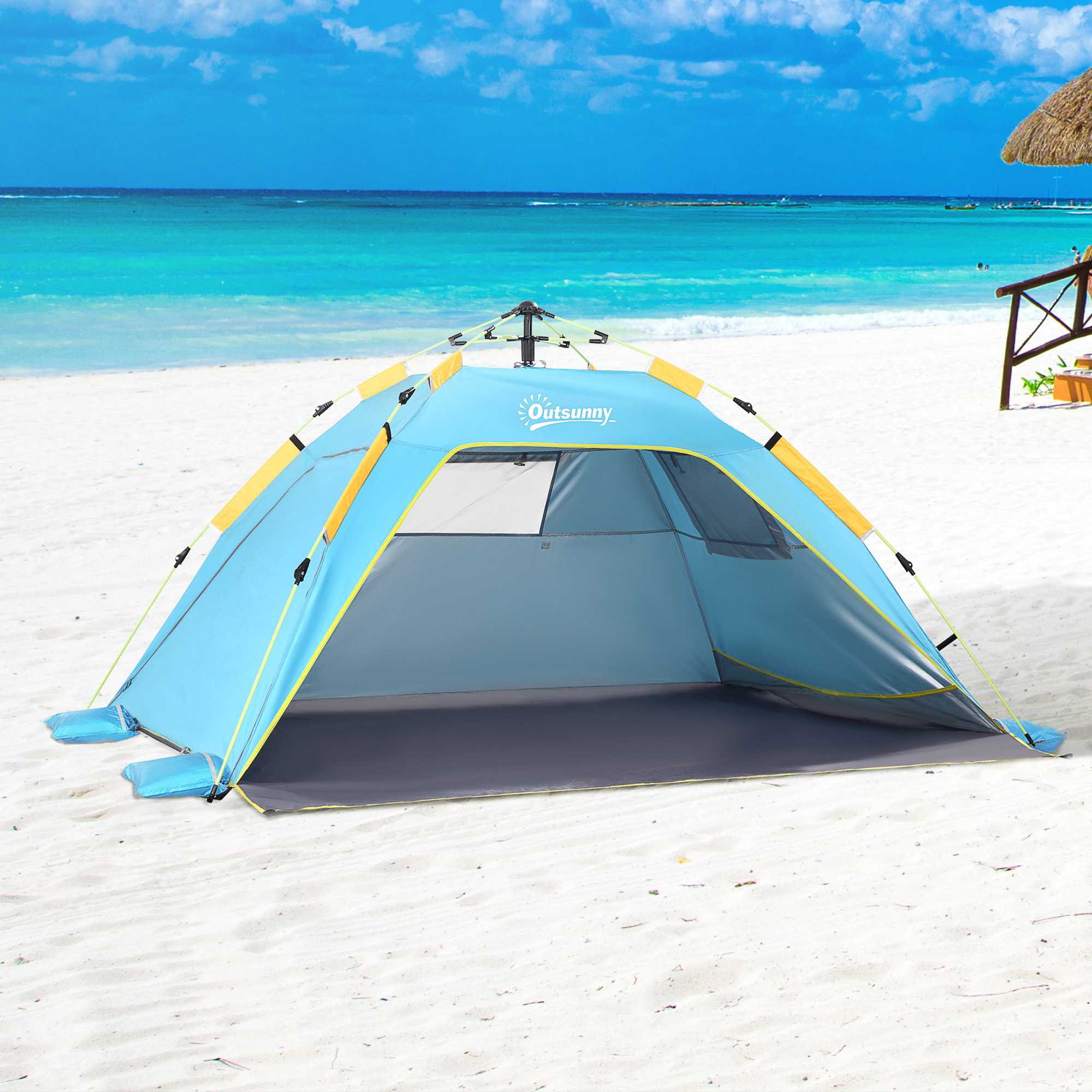 Tienda de Playa Plegable, Carpa de Playa Pop-up para 1-2 Personas con Protección UV, Impermeable, Bolsa de Transporte, para Parque, Camping, 220x173x120 cm, Azul Claro