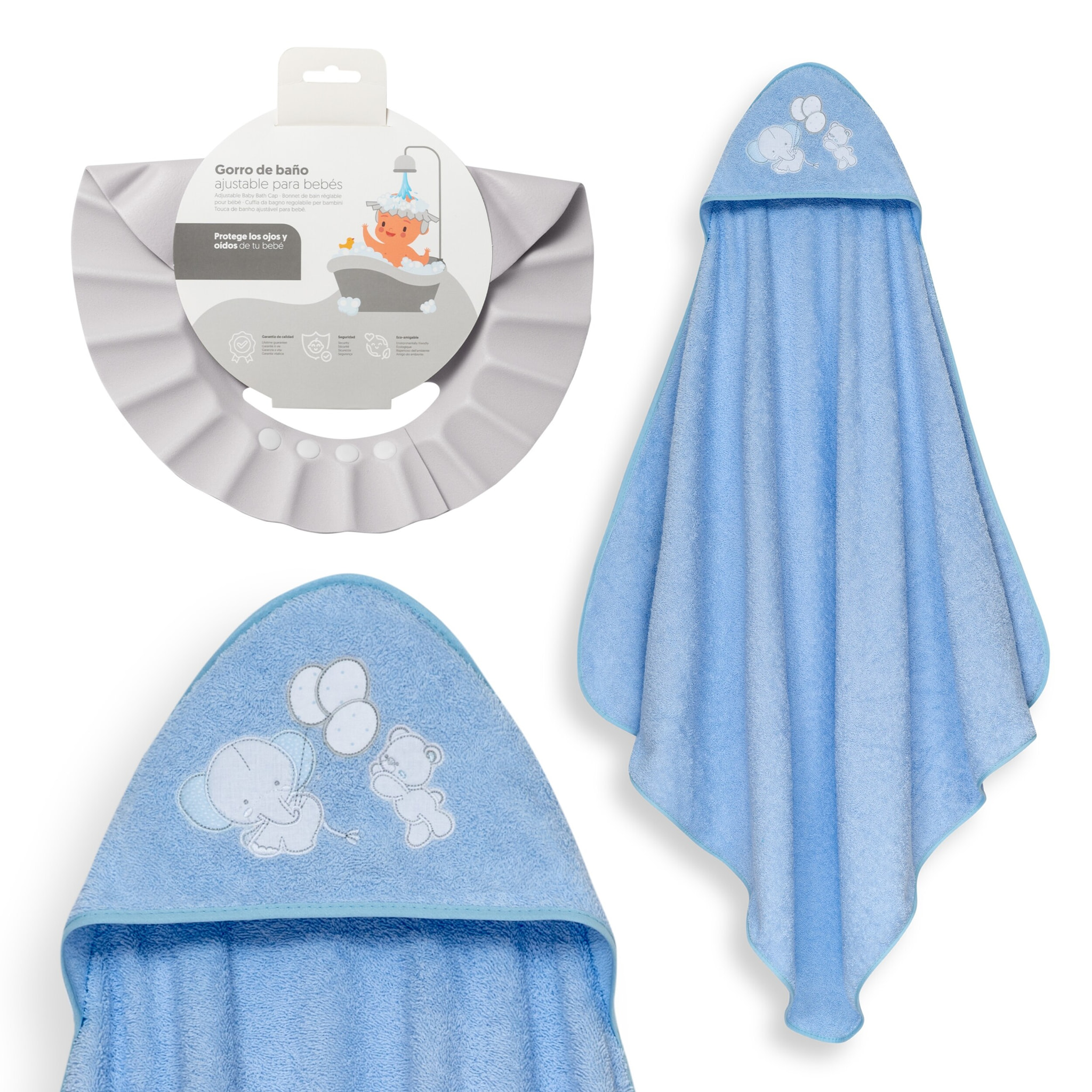 Capa Baño 1X1 Mod Oso Elefante Globos+Gorro Azul