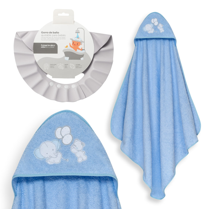 Capa Baño 1X1 Mod Oso Elefante Globos+Gorro Azul