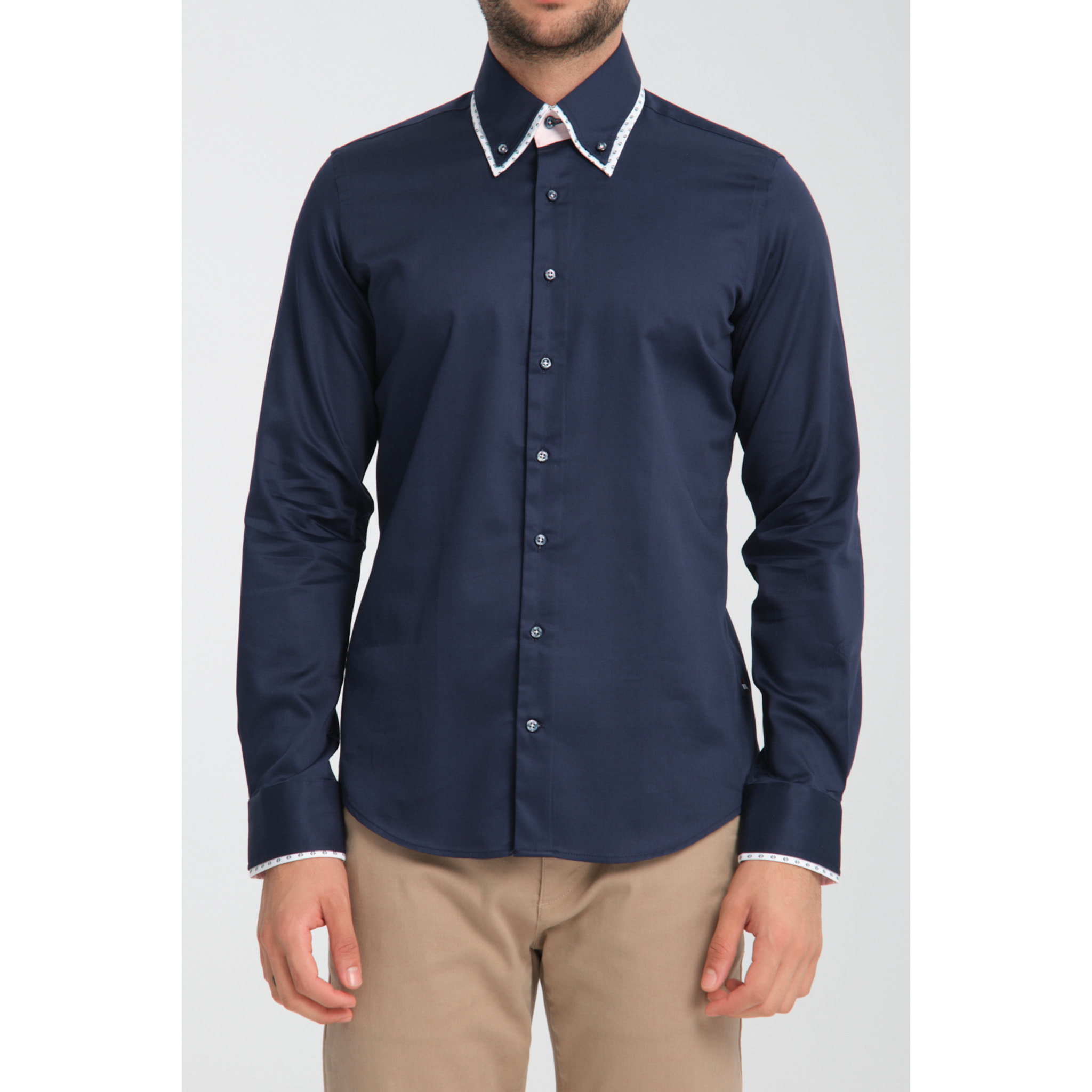 Camicia Uomo Botton Down Slim Satin Unito Blu