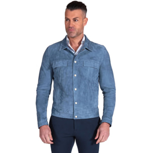 Giacca pelle camoscio blu denim bottoni e collo camicia