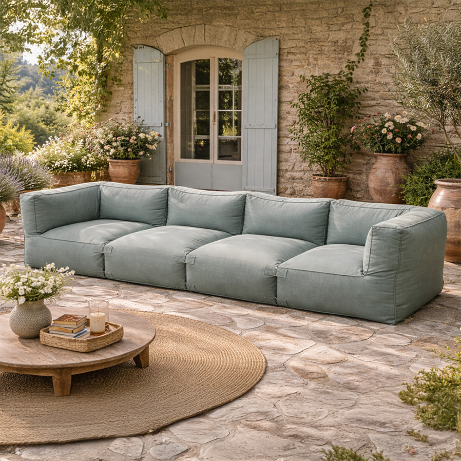 VERONE Salon de jardin modulable 4 places vert en tissu déperlant