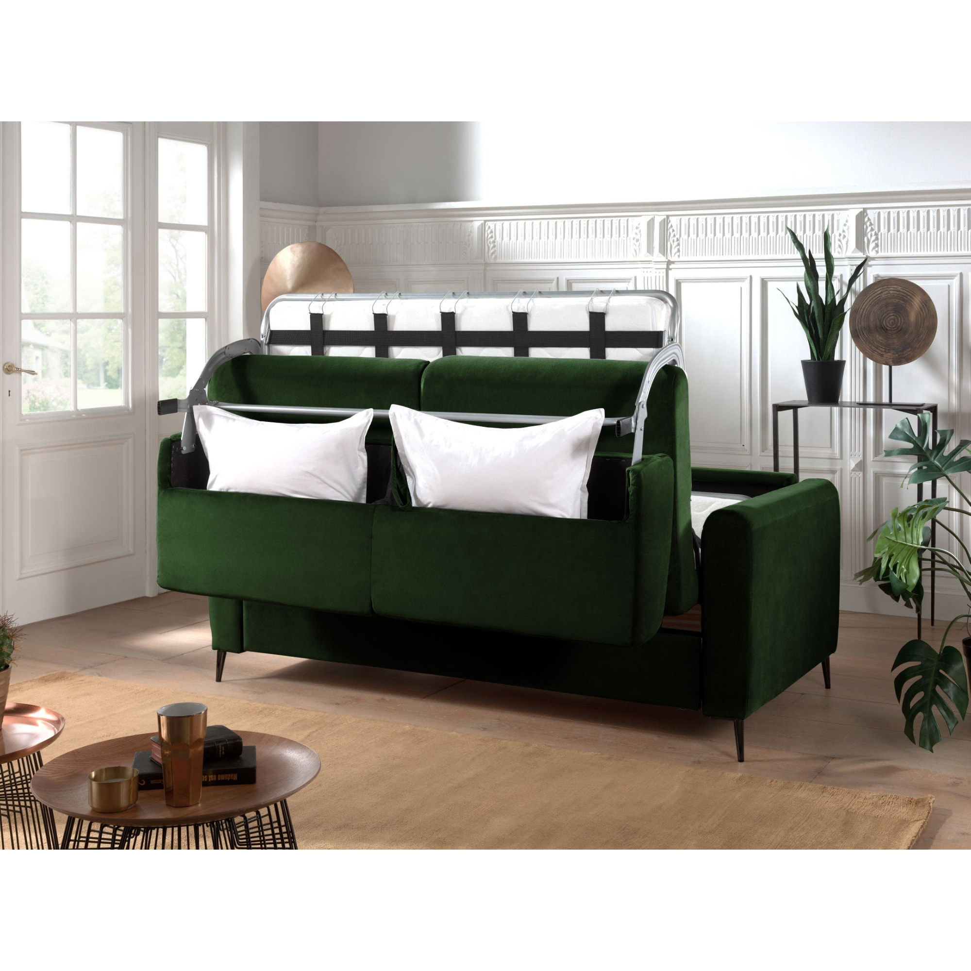 Owen - canapé 3 places convertible - couchage quotidien - matelas 12 cm - en velours - Vert