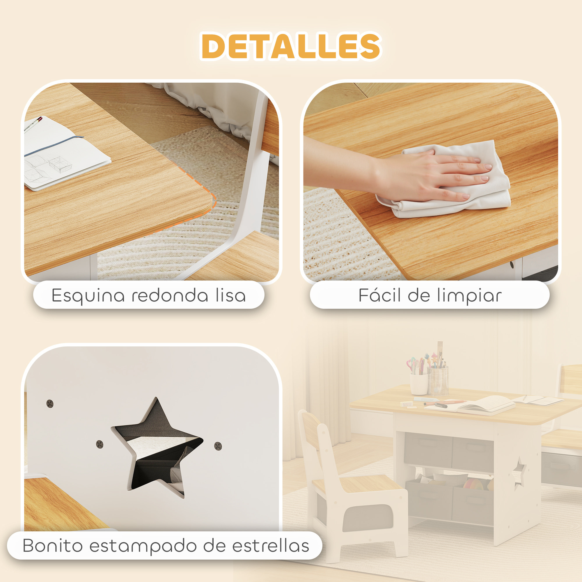 Mesa Infantil con 2 Sillas, Mesa y Sillas Infantil con 6 Cajones de Tela, Diseño Estrellas, para Niños y Niñas de 3-8 Años, para Hogar, Guardería, Aulas, Natural