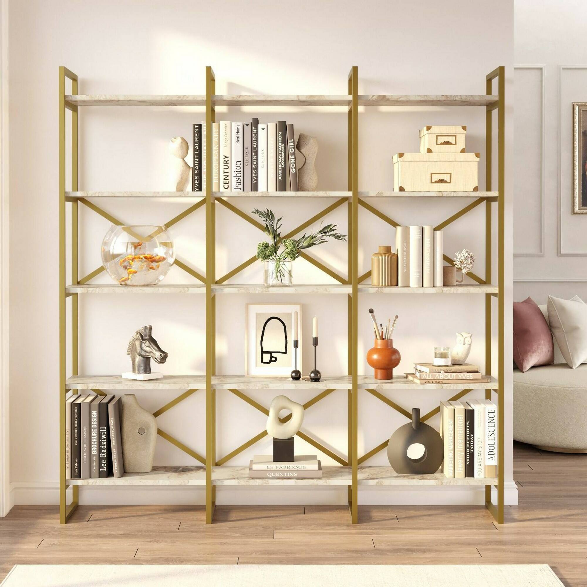 Libreria Dpezzott, Scaffale da ufficio, Mobile portalibri, Biblioteca, 170x30h175 cm, Bianco e Oro