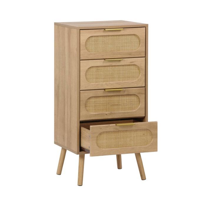 Commode chiffonnier effet bois et cannage 4 tiroirs naturel. poignée en métal doré - L 48 x P 39.5 x H 96 cm - Eva