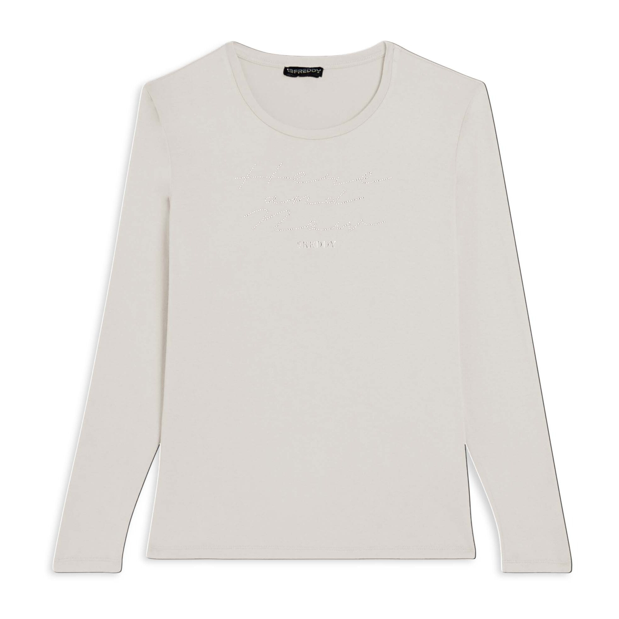T-shirt donna manica lunga con scritta e strass