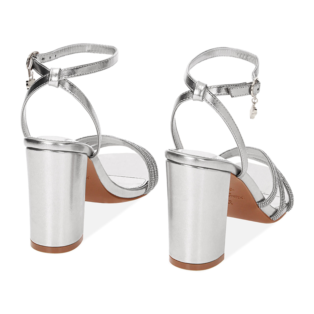 Sandalo donna argentato, tacco largo 8,5 cm